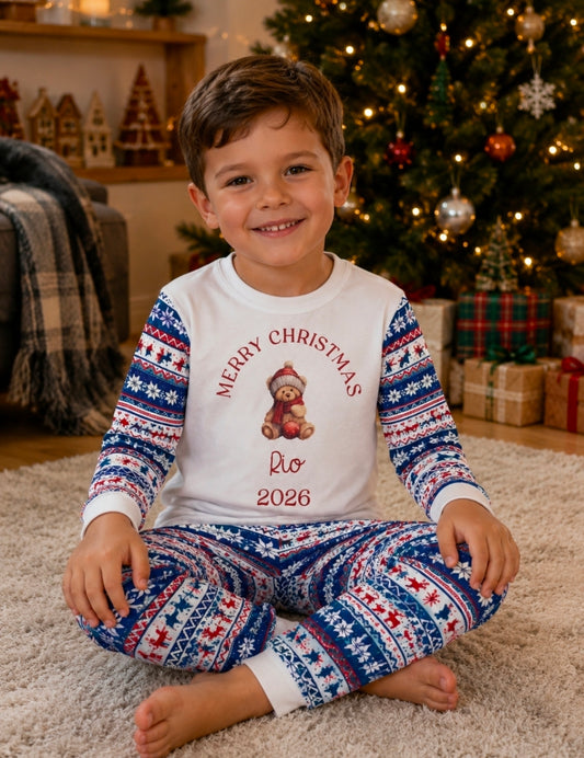 Personalised Red And Blue Christmas Design Pyjamas