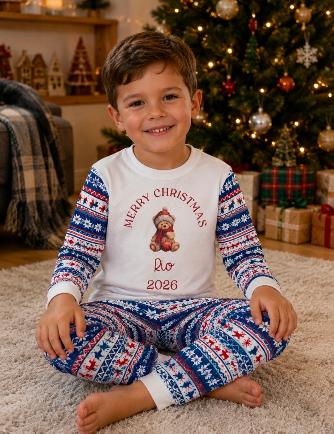 Personalised Red And Blue Christmas Design Pyjamas