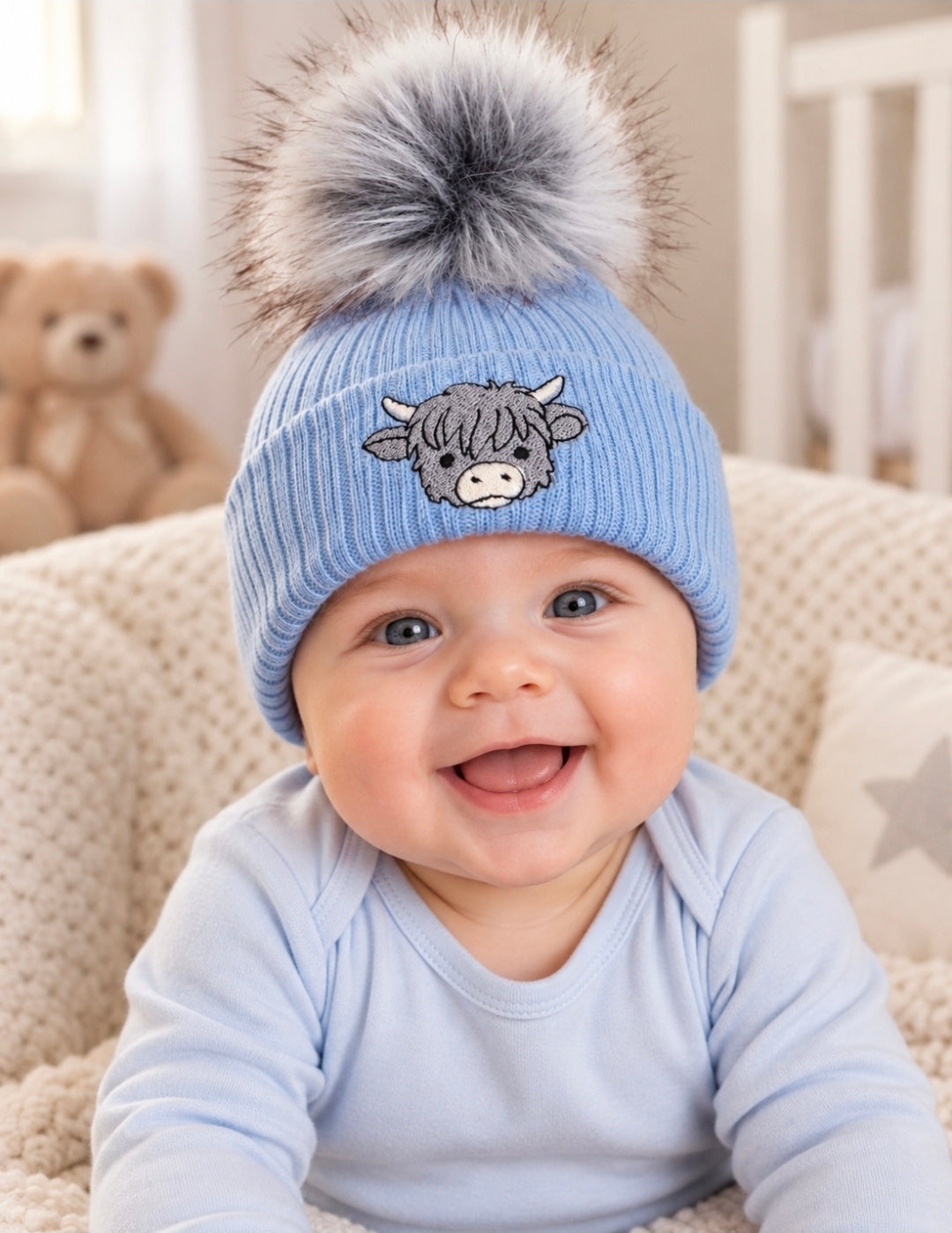 Baby Boys Medium Blue Highland Cow Hat