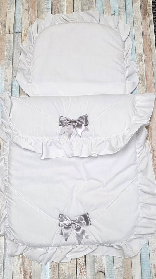 Unisex Baby White Frill  Grey Satin Bow Pram Set
