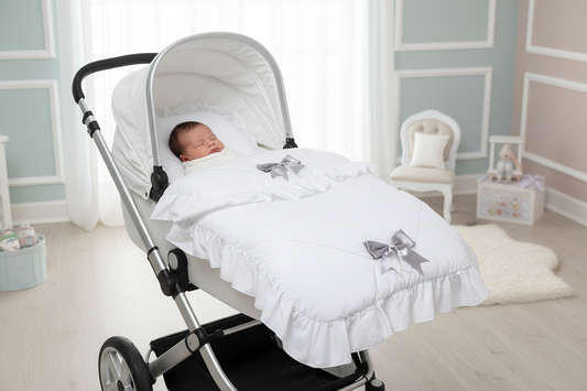 Unisex Baby White Frill  Grey Satin Bow Pram Set