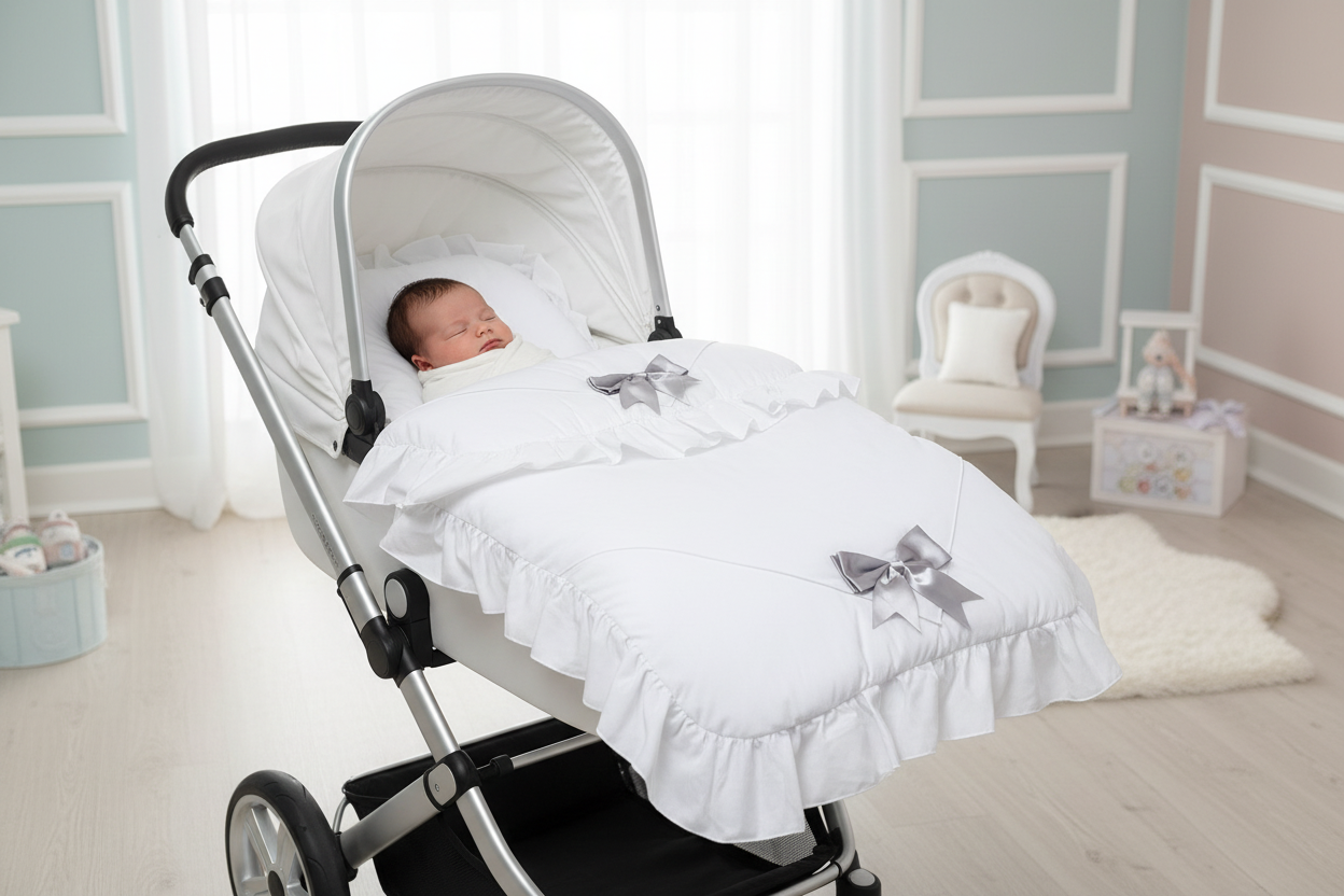 Unisex Baby White Frill  Grey Satin Bow Pram Set