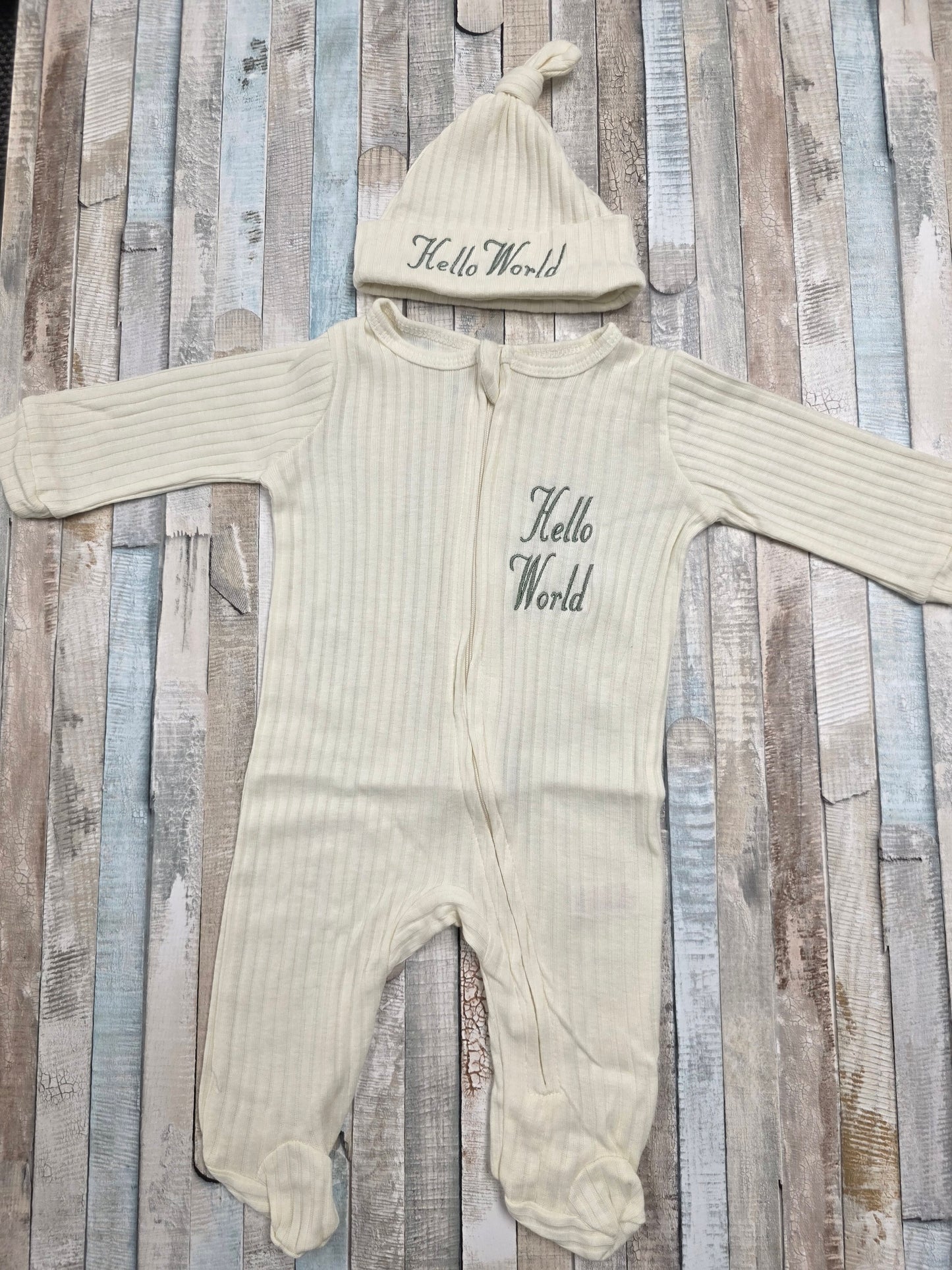 Unisex Baby Marshmellow Hello World Zip Up Sleepsuit And Hat