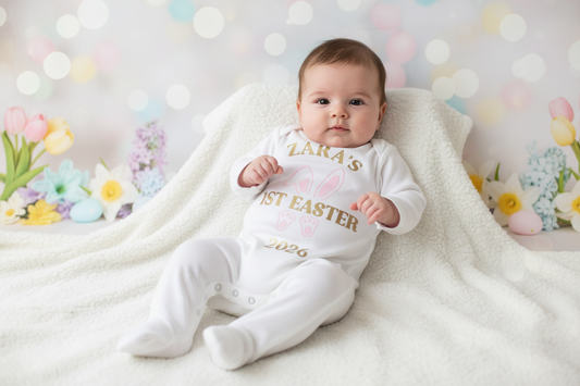 Baby Girls Personalised Printed 1st Easter Bunny Babygro