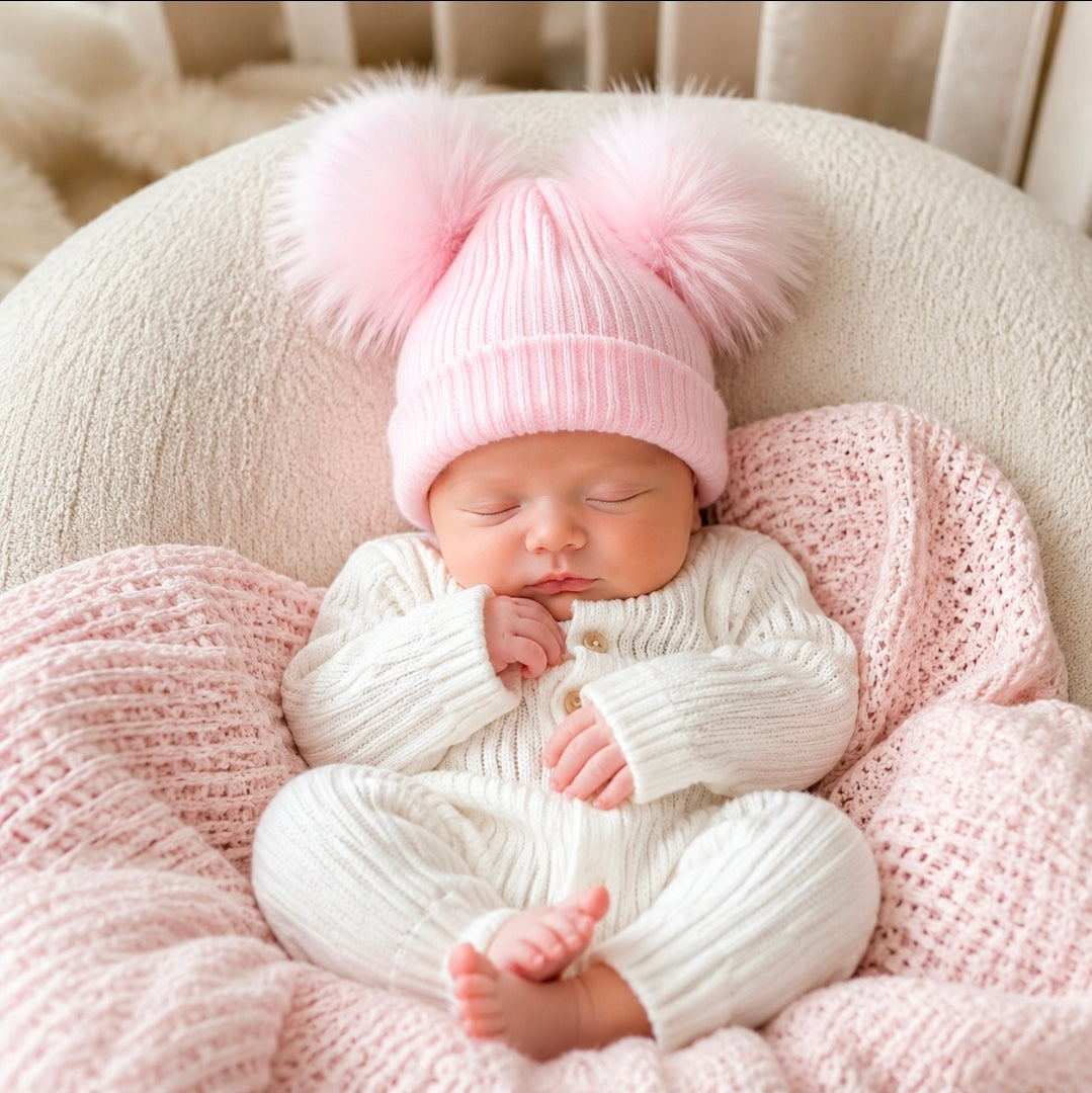 Baby Pink Knitted Double Pink Fluffy Faux Fur Pom Hat