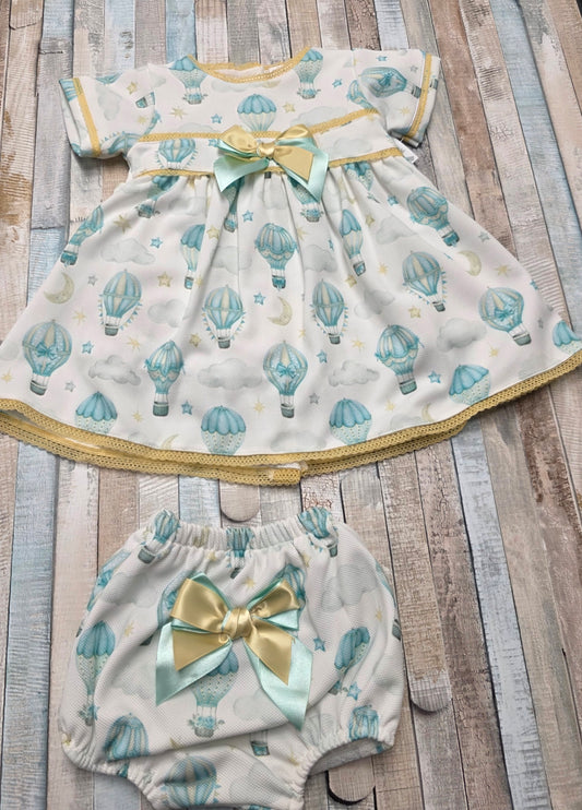 Baby Girls Green And Lemon Balloon Dress And Pants Set