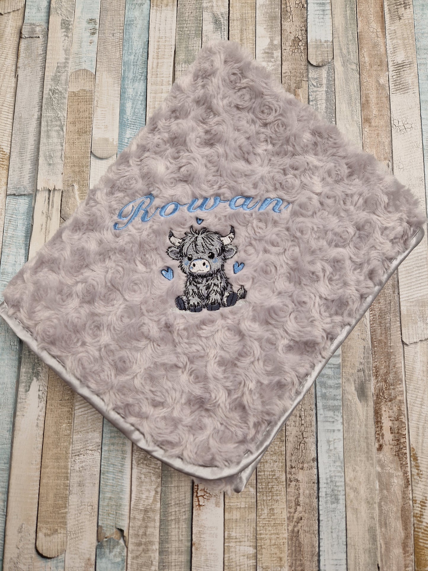 Personalised Baby Boys Grey Soft Rose Highland Cow Wrap
