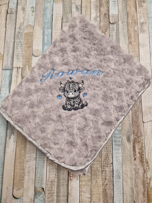 Personalised Baby Boys Grey Soft Rose Highland Cow Wrap