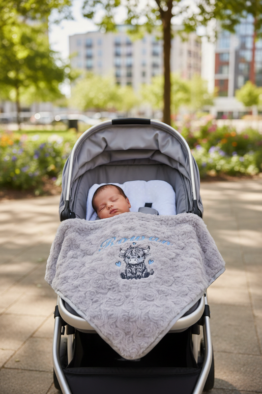 Personalised Baby Boys Grey Soft Rose Highland Cow Wrap