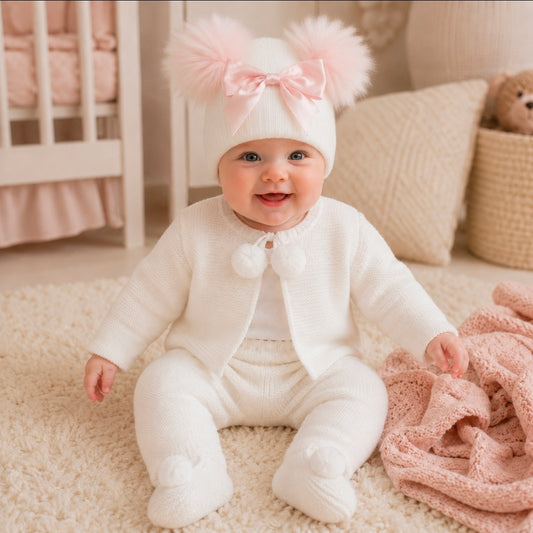 Baby Girls  White And Pink Bow And Fluffy Double Pom Hat