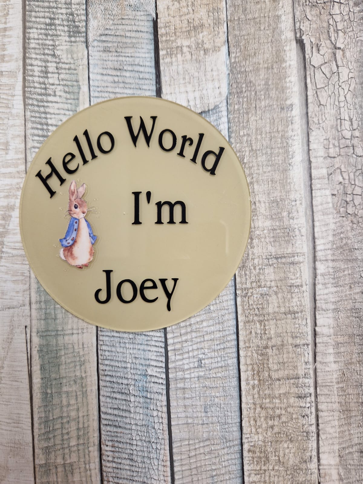 Personalised Hello World Blue Rabbit Announcement Disc