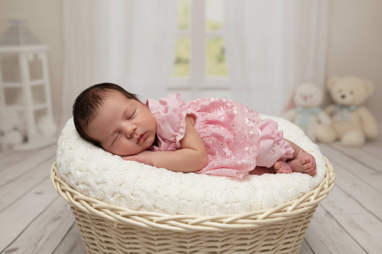 Baby Girls Pink Broderie Anglaise Short Sleeved Dress And Pants