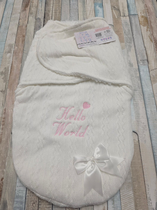 White Cable Design Swaddle With Hello World In Pink Embroidery