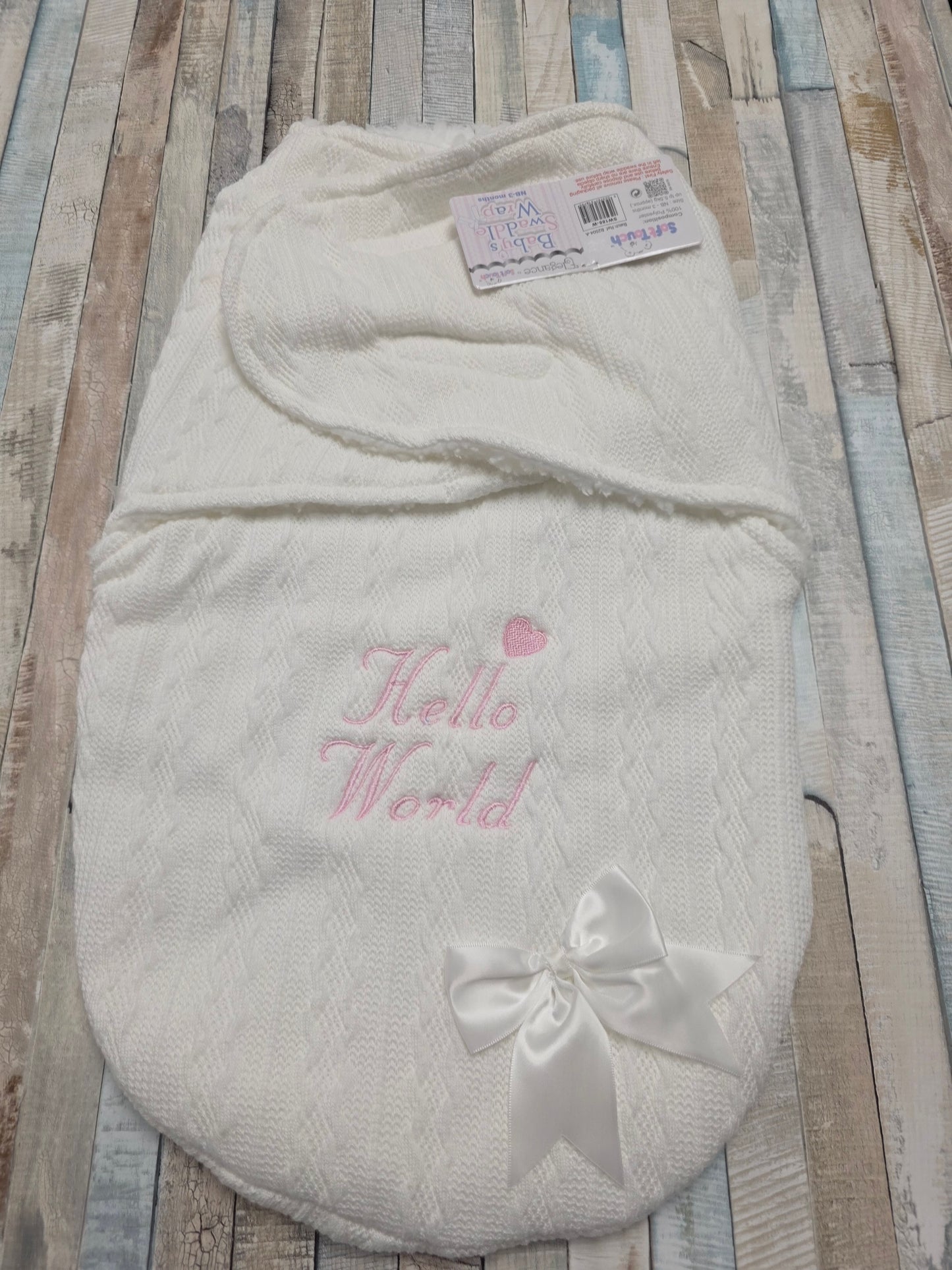 White Cable Design Swaddle With Hello World In Pink Embroidery