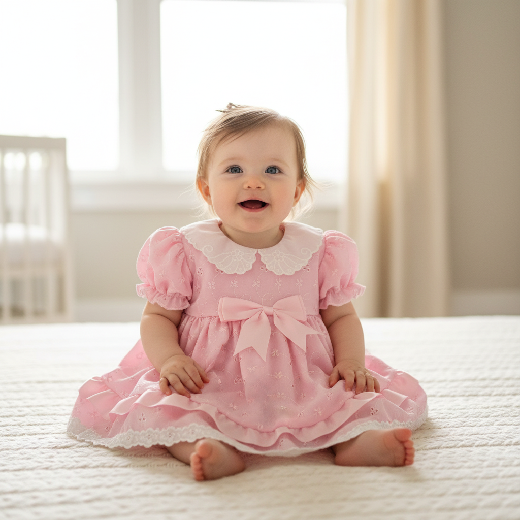 Baby Girls Pink And White Broderie Anglaise  Dress And Pants