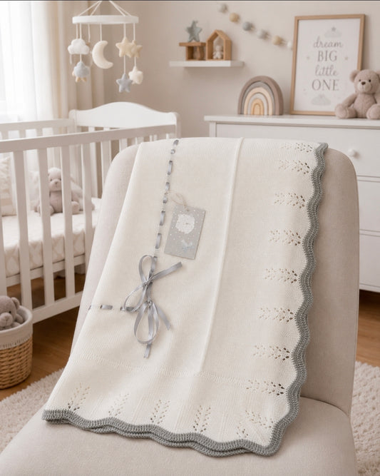 Unisex Baby White Knitted Shawl With Grey Satin Ribbon Bow