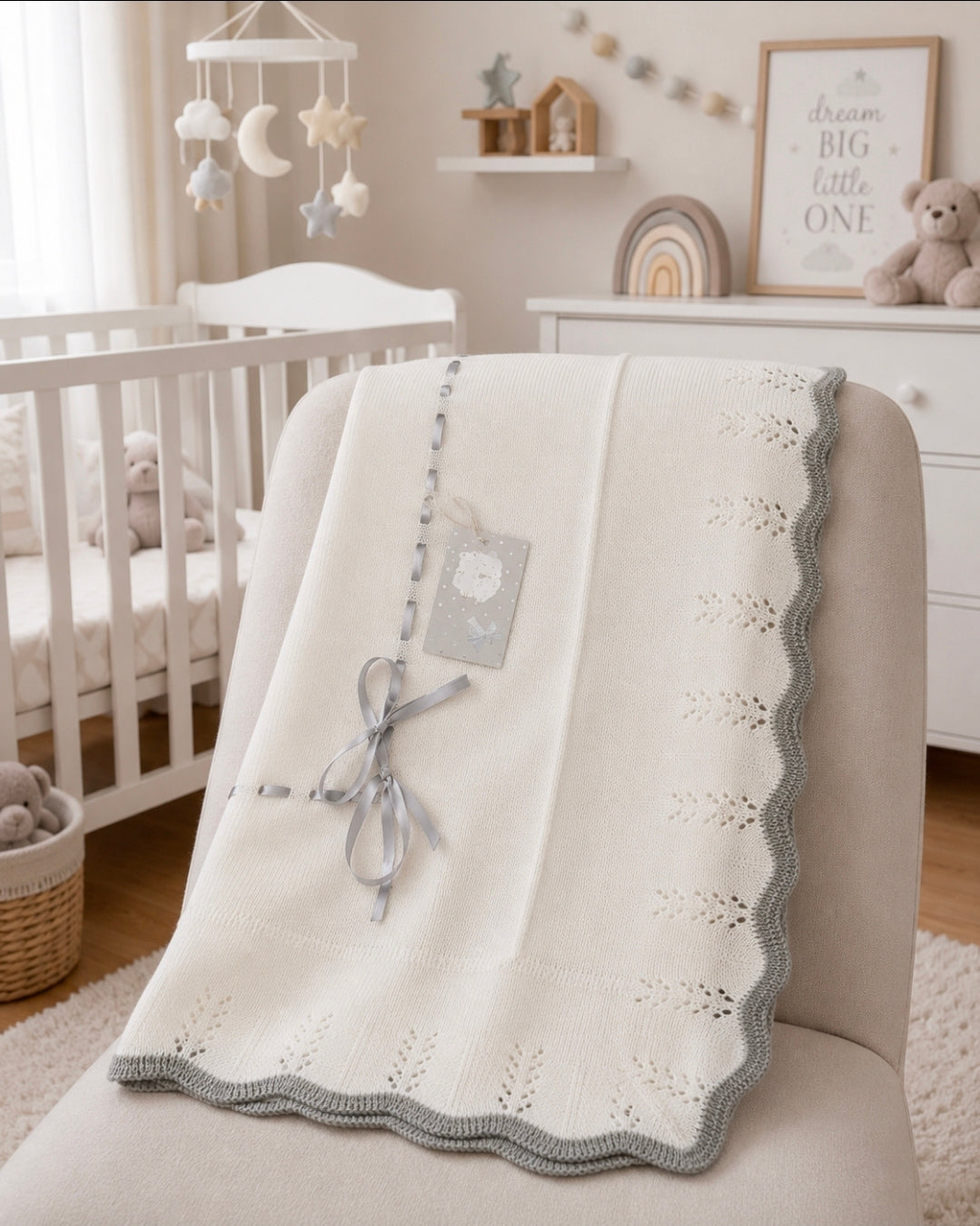 Unisex Baby White Knitted Shawl With Grey Satin Ribbon Bow