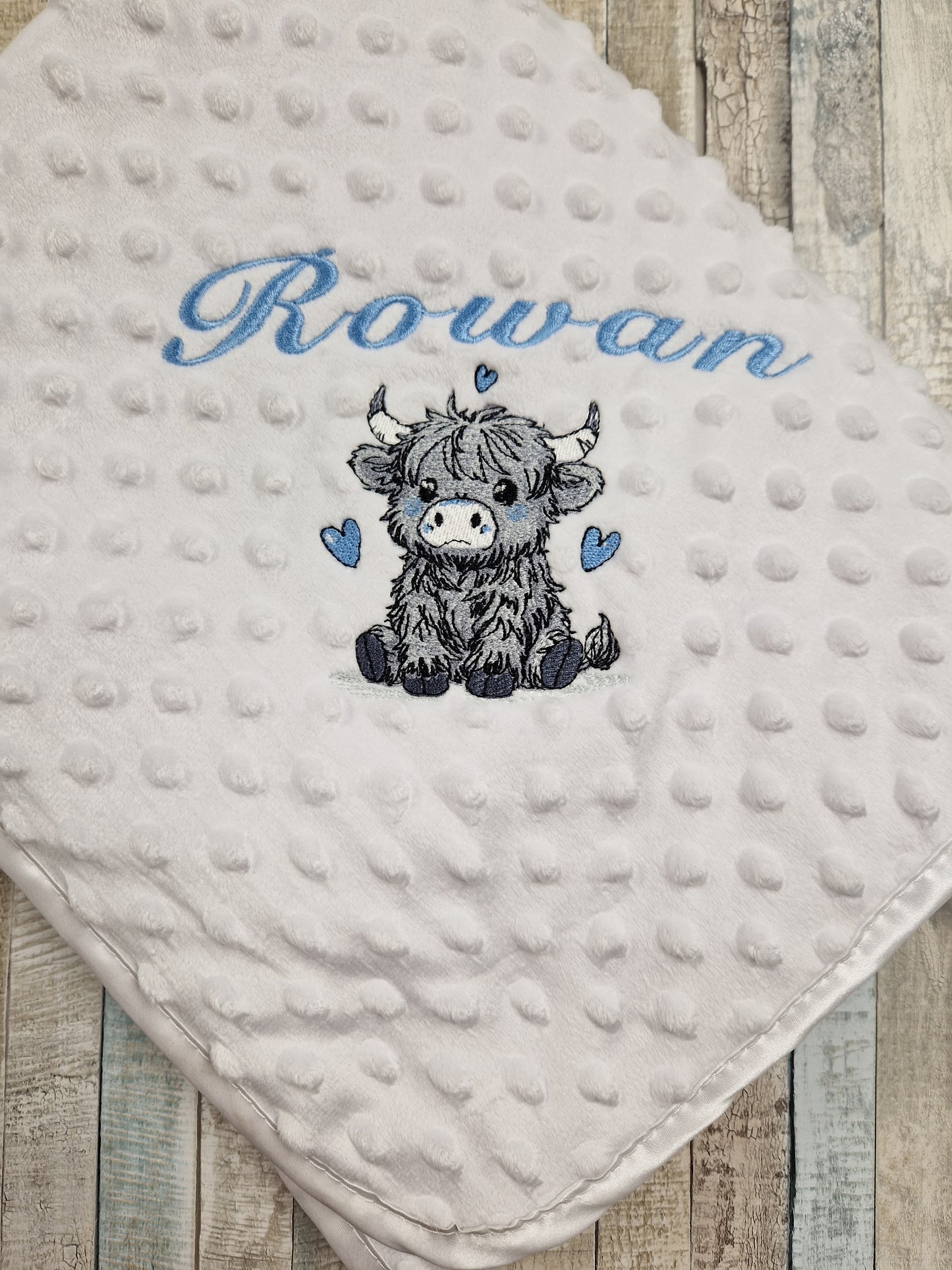 Baby Boys Personalised White Dimple Wrap With Grey Highland Cow
