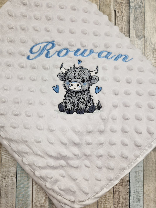 Baby Boys Personalised White Dimple Wrap With Grey Highland Cow