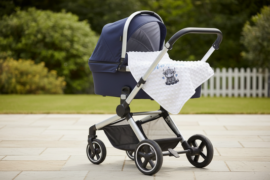 Baby Boys Personalised White Dimple Wrap With Grey Highland Cow