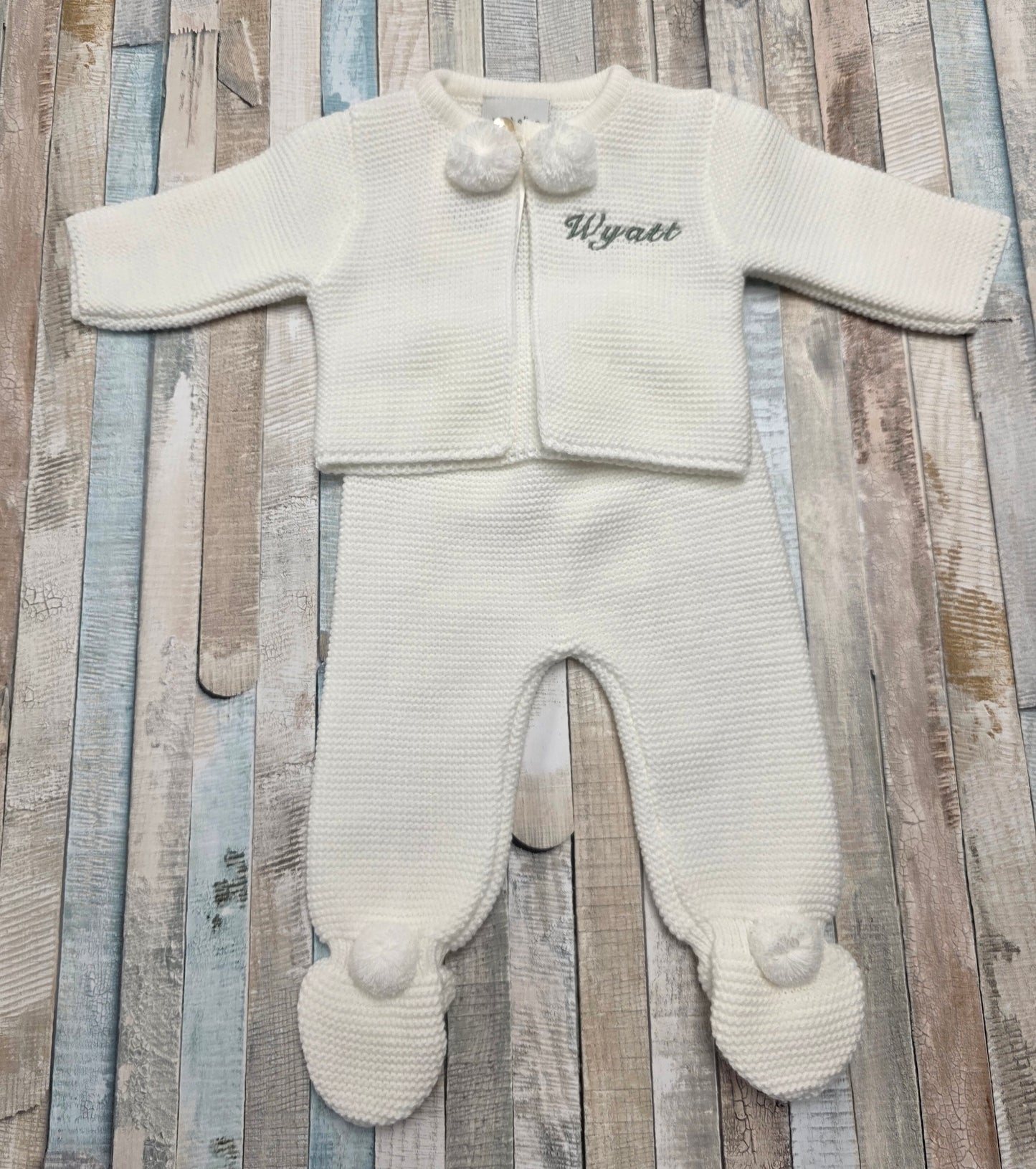 Personalised Unisex Baby White Knitted Pom Pom Set