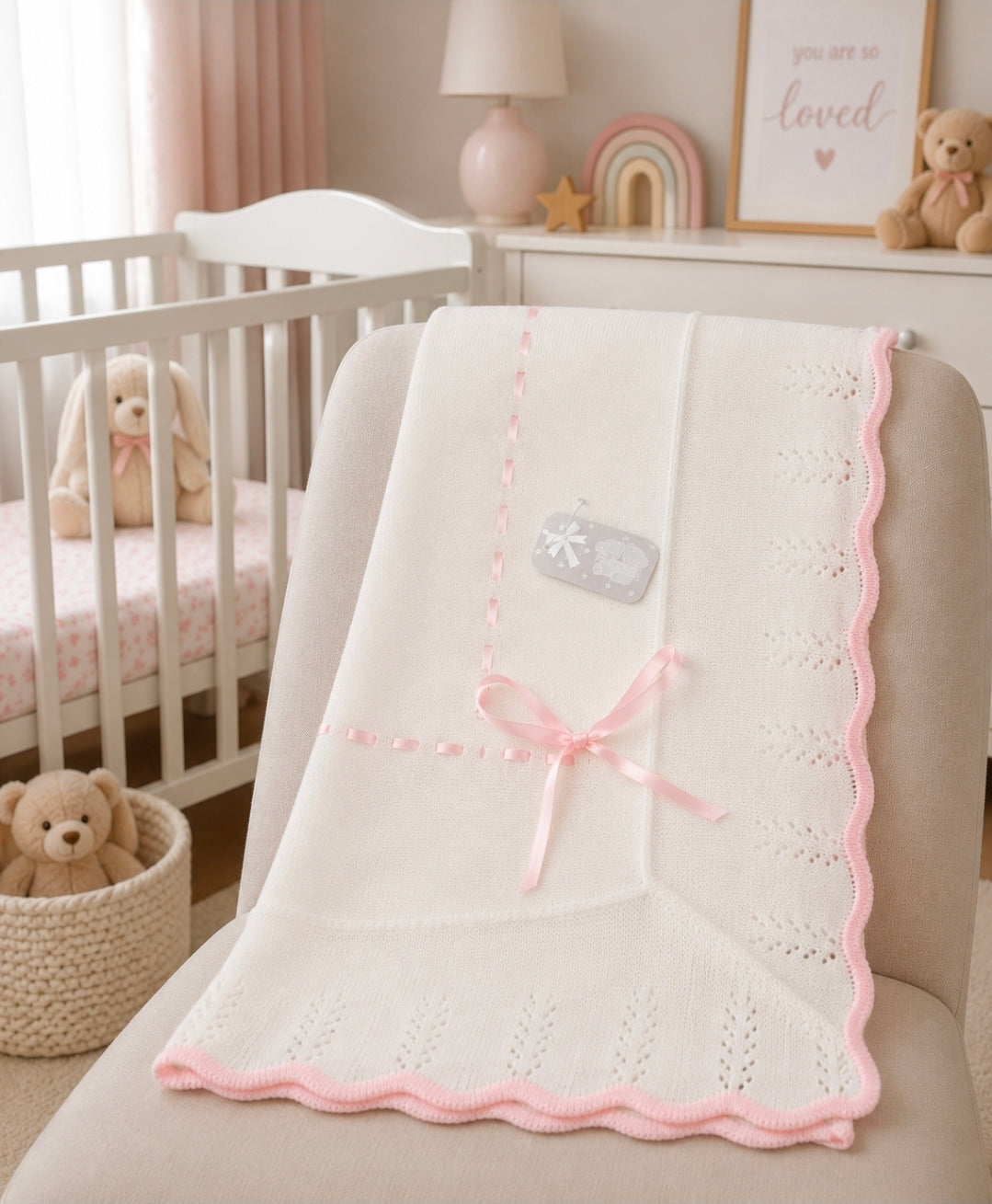 Baby Girls White And Pink Knitted Shawl With Pink Satin Ribbon