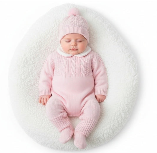 Baby Girls Pink Knitted All in One With Bobble Hat