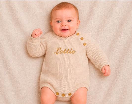 Personalised Unisex Baby Beige Knitted Long Sleeved Romper