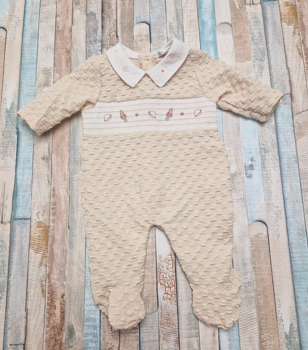 Premature Baby Boys Beige Space Design Smocked Babygro