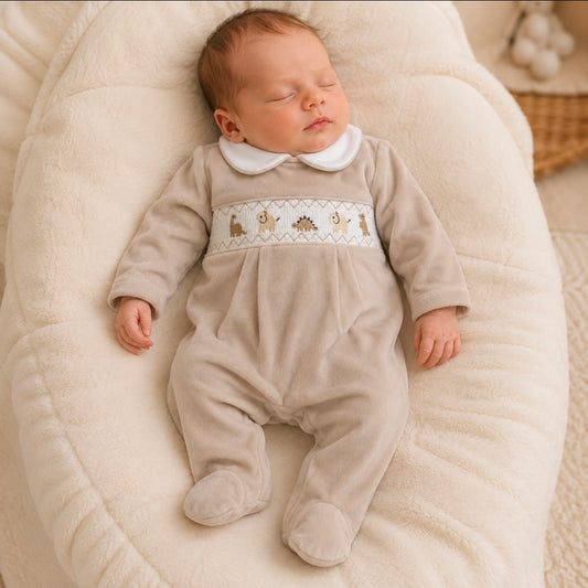 Unisex Baby Beige Velour Dinosaur Babygro