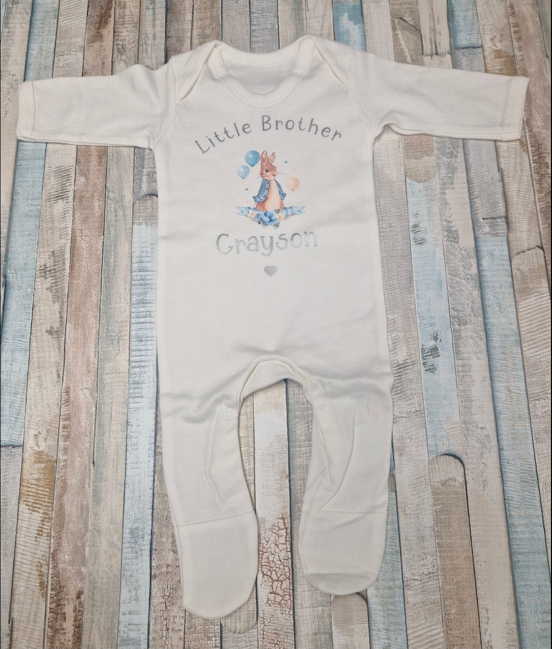 Baby Boys Printed Personalised Little Brother Babygro With Blue Rabbit