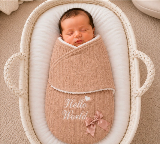 Beige Cable Design Hello World Swaddle