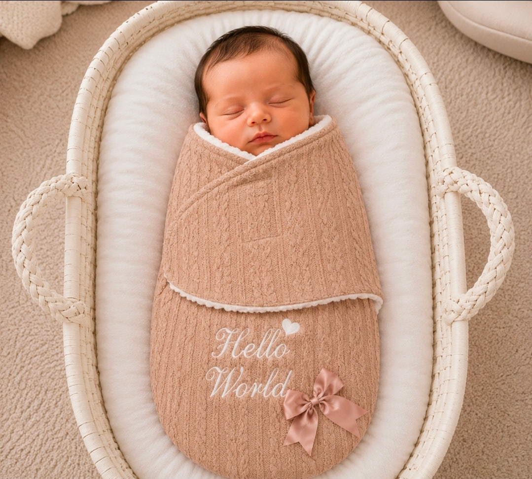 Beige Cable Design Hello World Swaddle