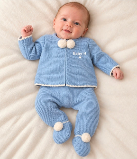 Baby Boys Personalised Dusky Blue 2 Piece Pom Pom Set