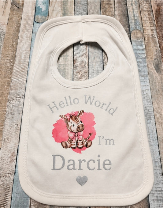 Baby Girls Personalised Hello World I'm Printed Pink Ziggy Zebra Bib