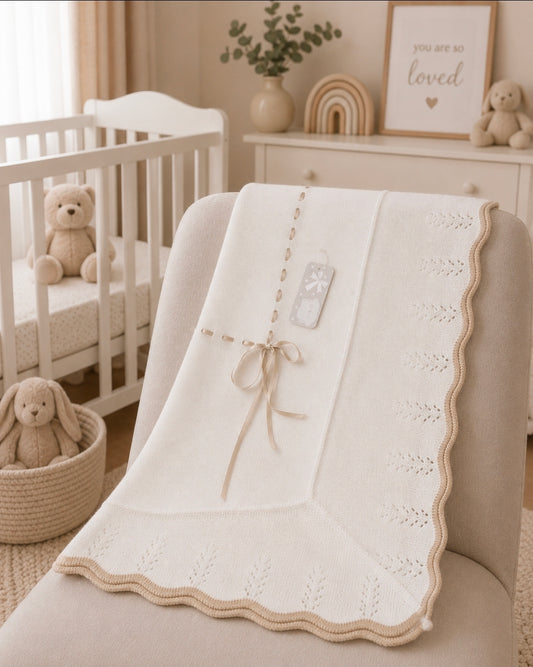 Unisex Baby White And Beige Knitted Shawl With Beige Satin Ribbon