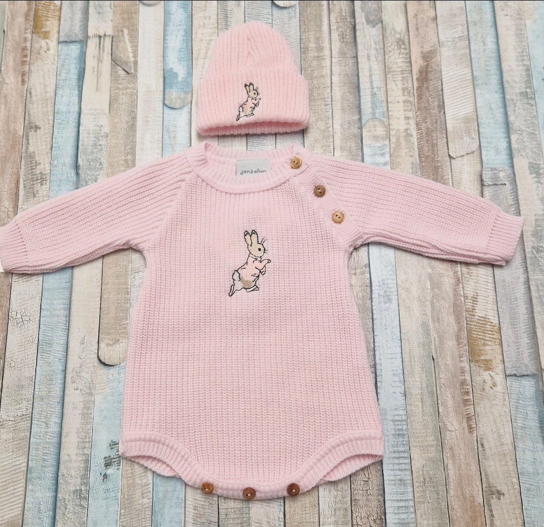 Baby Girls  Pink Knitted Rabbit Romper And Beanie Hat