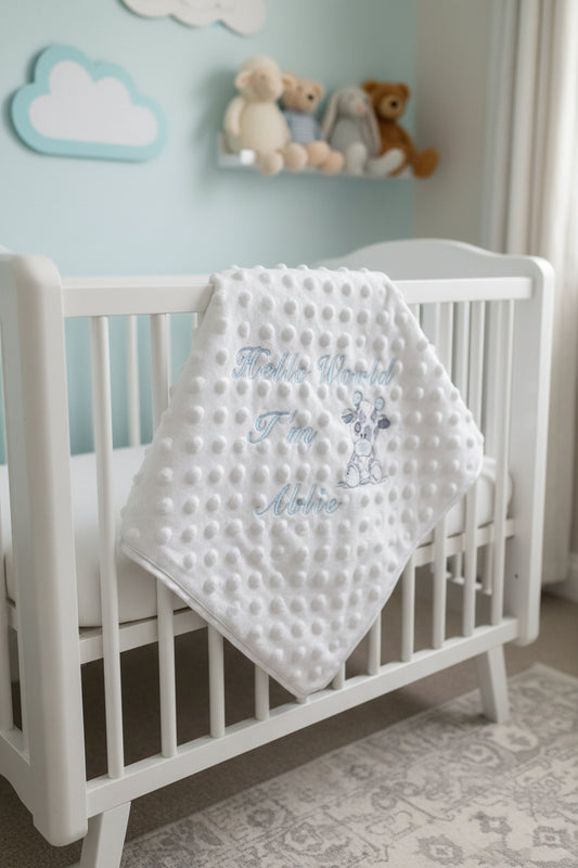 Personalised Hello World White Dimple Wrap With Blue Giraffe Embroidered Design