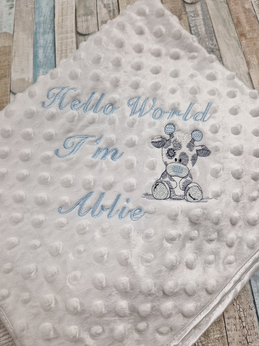 Personalised Hello World White Dimple Wrap With Blue Giraffe Embroidered Design