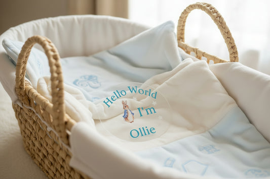 Personalised Clear Blue Rabbit Hello World Announcement Disc