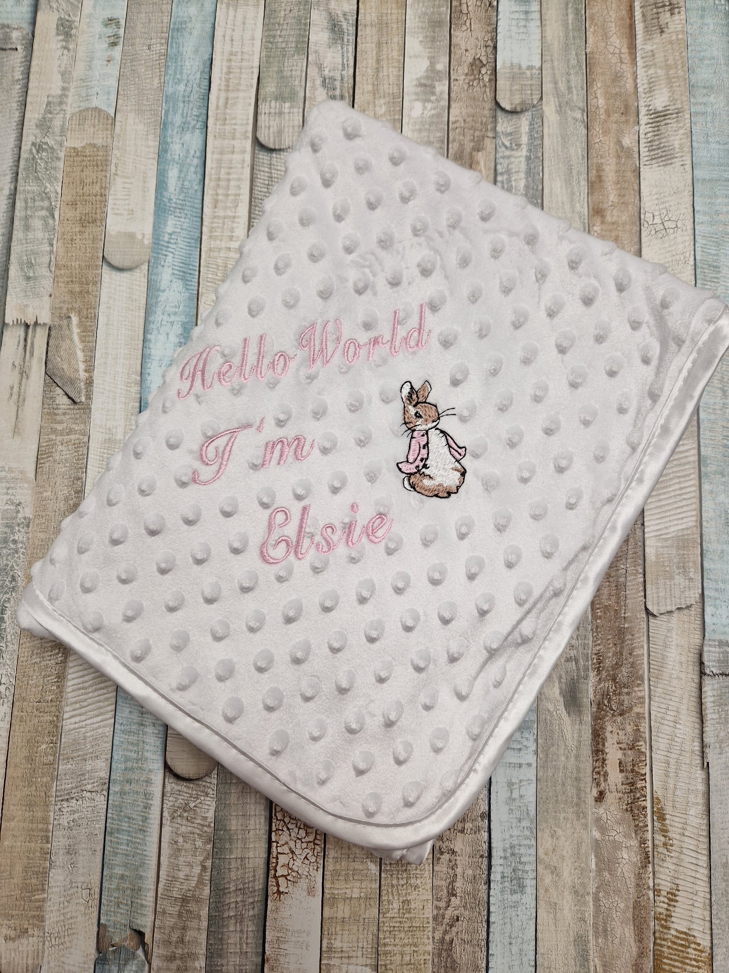 Personalised Hello World White Dimple Blanket/Wrap With Embroidered Pink Rabbit Design