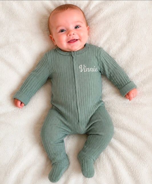 Personalised Unisex Baby Sage Green Ribbed Zip Up Sleepsuit