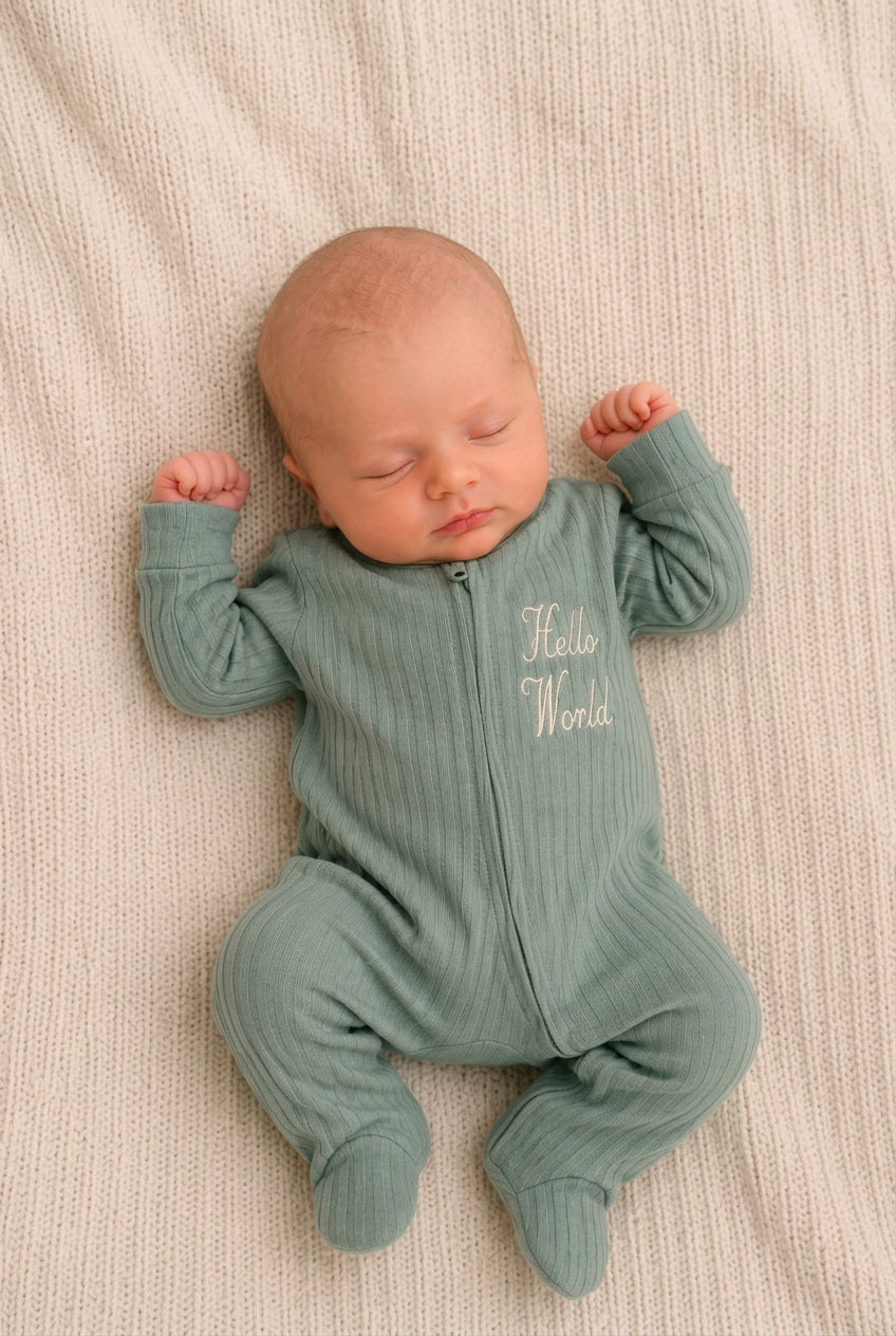 Nana's Special Buys Sage Green Hello World Zip Up Sleepsuit