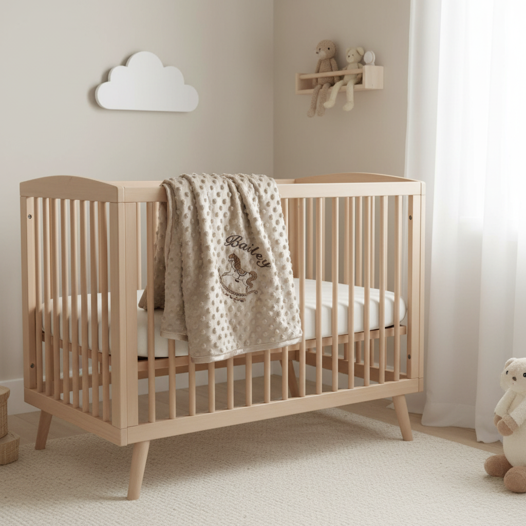 Personalised Beige Soft Dimple Wrap/Blanket With Rocking Horse Design