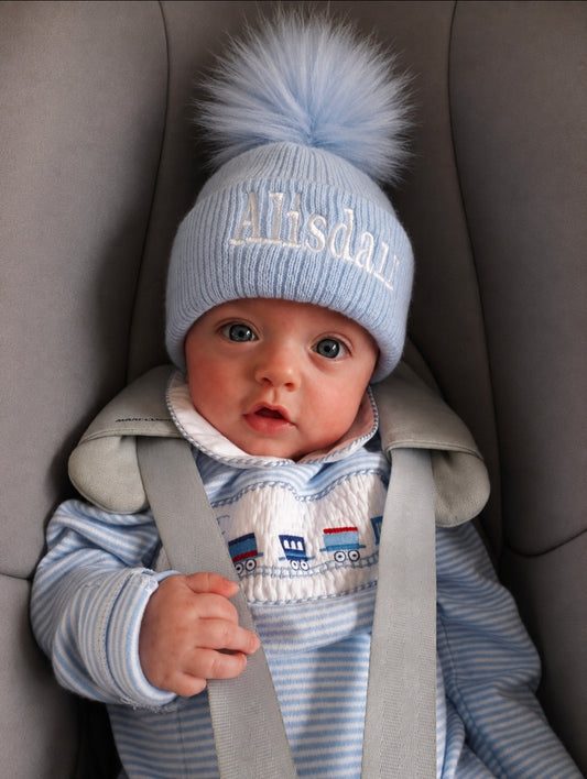 Personalised Baby Blue Knitted Single Blue Fluffy Faux Fur Pom Hat