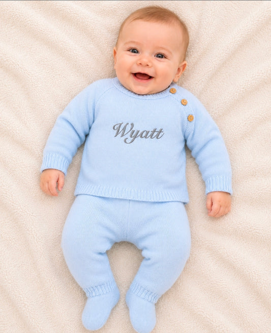 Baby Boys Blue Personalised Knitted 2 Piece Set