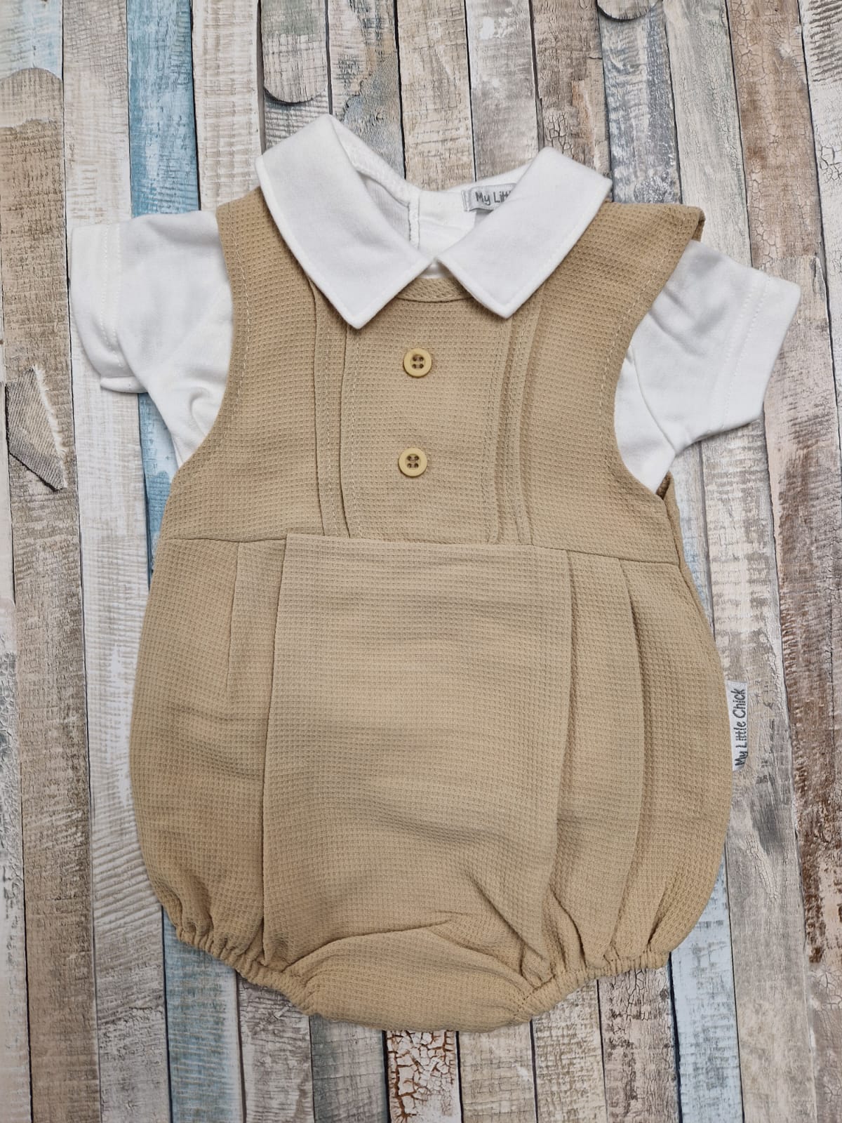 Baby Boys Beige And White Short Romper Set