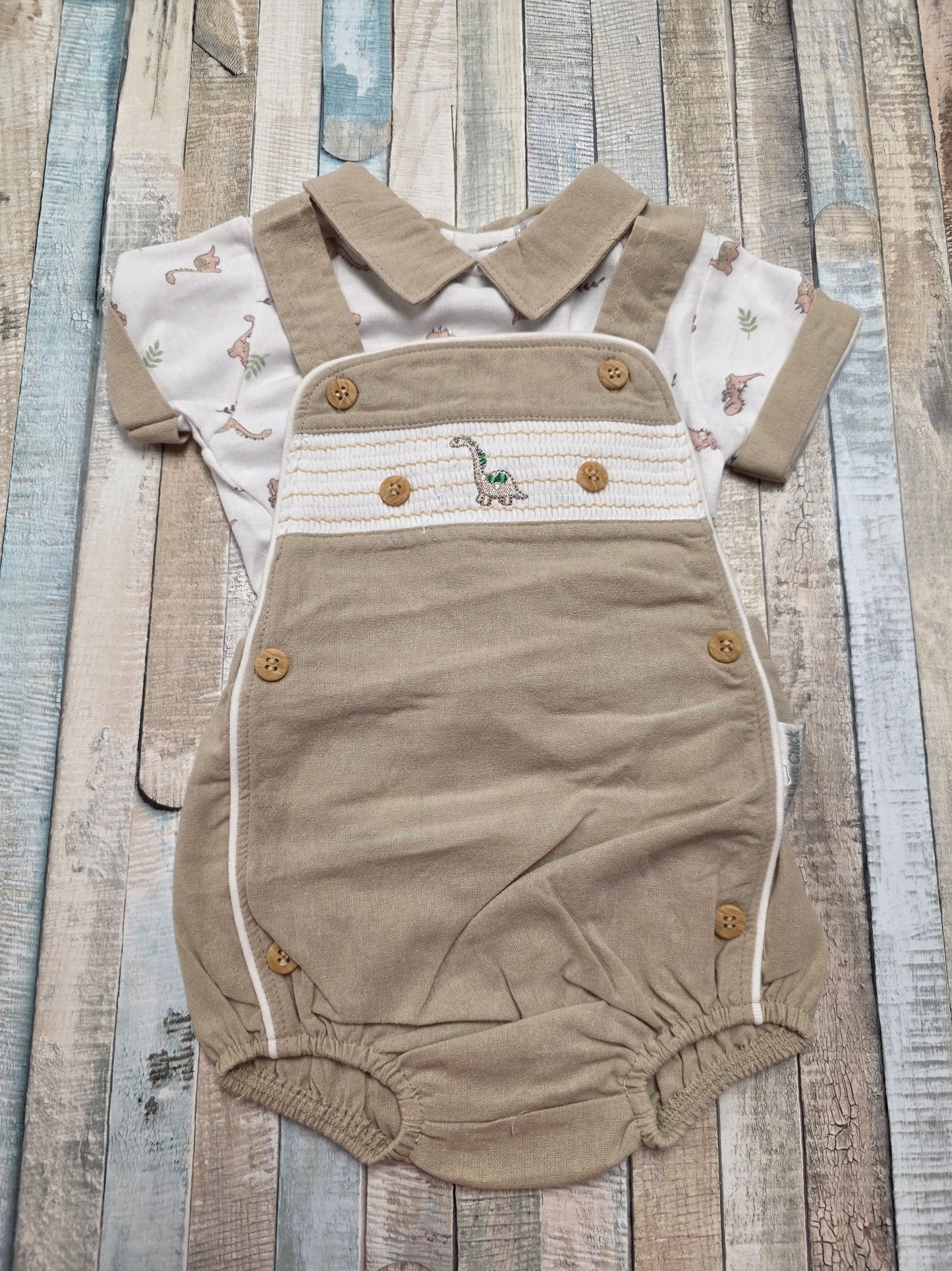 Baby Boys Beige  Dinosaur 2 Pieces Dungaree Set