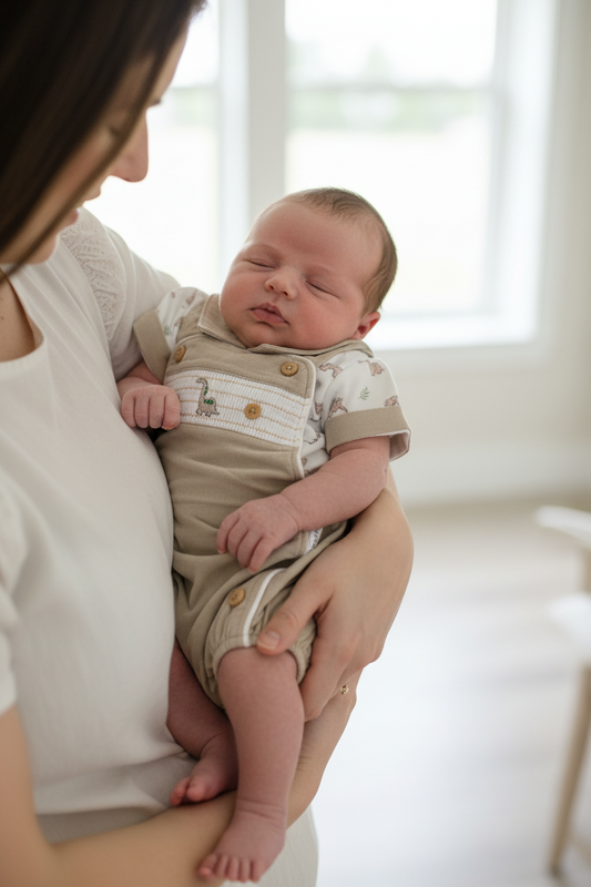 Baby Boys Beige  Dinosaur 2 Pieces Dungaree Set