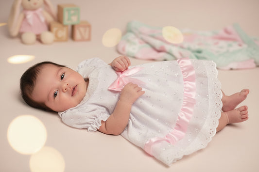 Baby Girls White And Pink Broderie Anglaise Dress And Pants Set